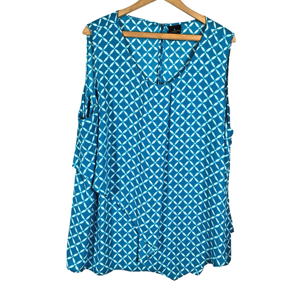 Worthington 3X Tunic Top Tank Blue White Layered Chiffon Coastal Beachy Preppy - Picture 2 of 9